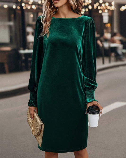 Puff Sleeve Boat Neck Velvet Dress