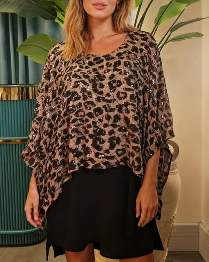 Leopard Print Sequined Batwing Sleeve T-Shirt