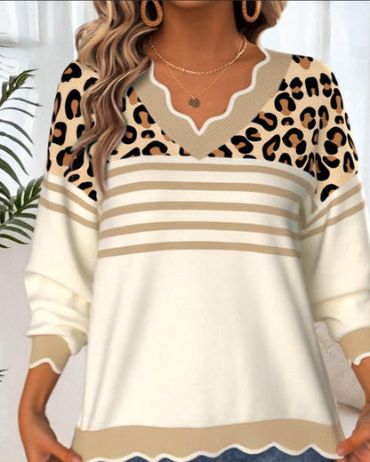 V-Neck Leopard Print Contrast Pullover