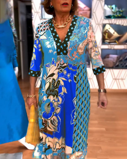 V-neck Printed Slit Dress