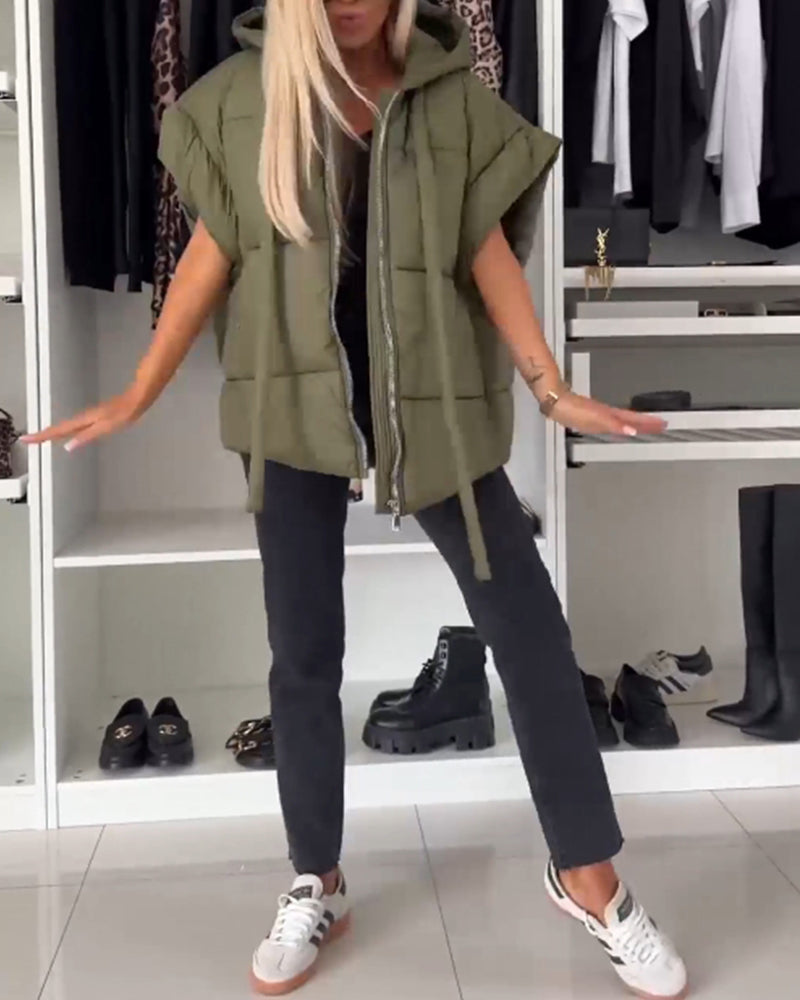 Hooded solid color zipper short sleeve padded jackets