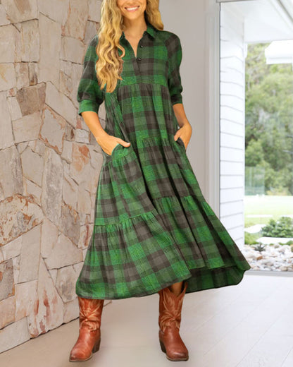 Lapel Plaid Half-Sleeved Dress