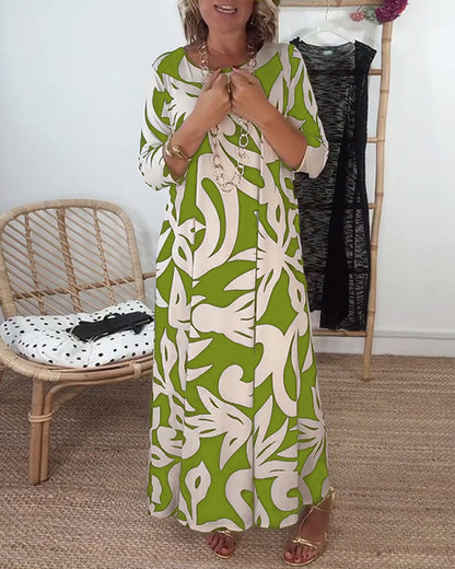 Round Neck Long Sleeve Printed Dress