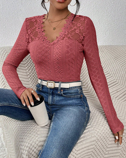 V-Neck Lace Panel Long-Sleeved Top
