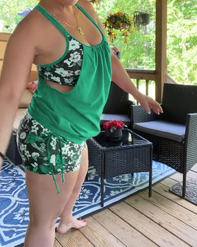 Printed Suspender Boxer Swimsuit