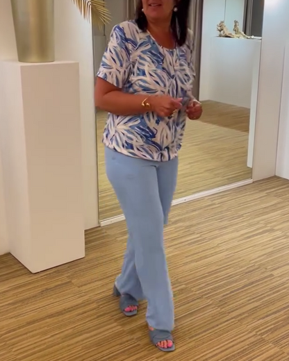 Printed short-sleeve round neck pleated blouse