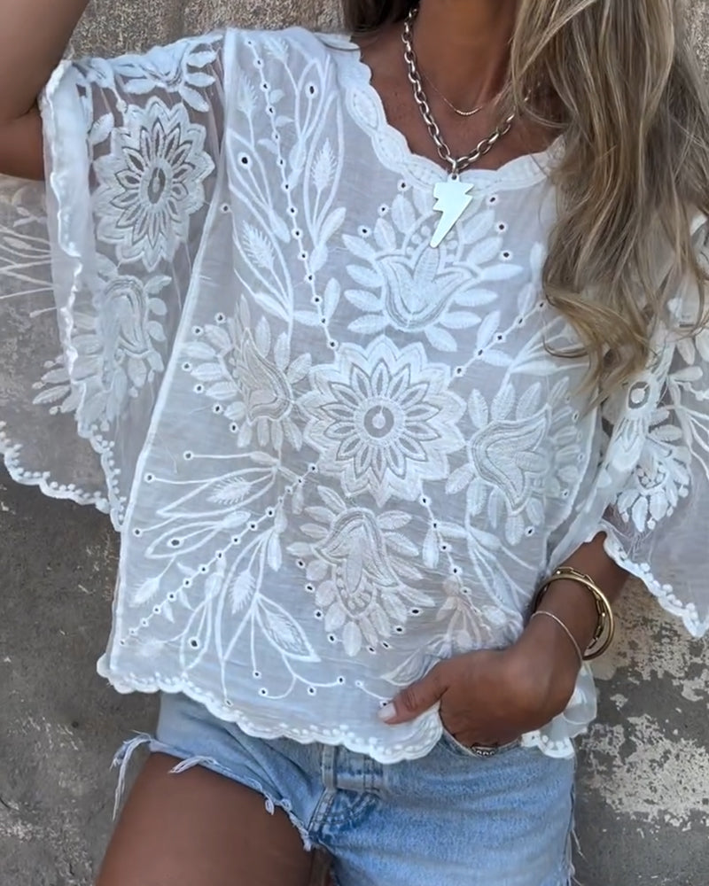 Butterfly Sleeve Round Neck Embroidered Blouse