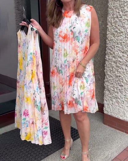Sleeveless Pleated Floral Dress