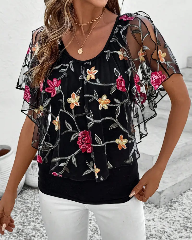 Embroidered Mesh Heavy Duty Blouse