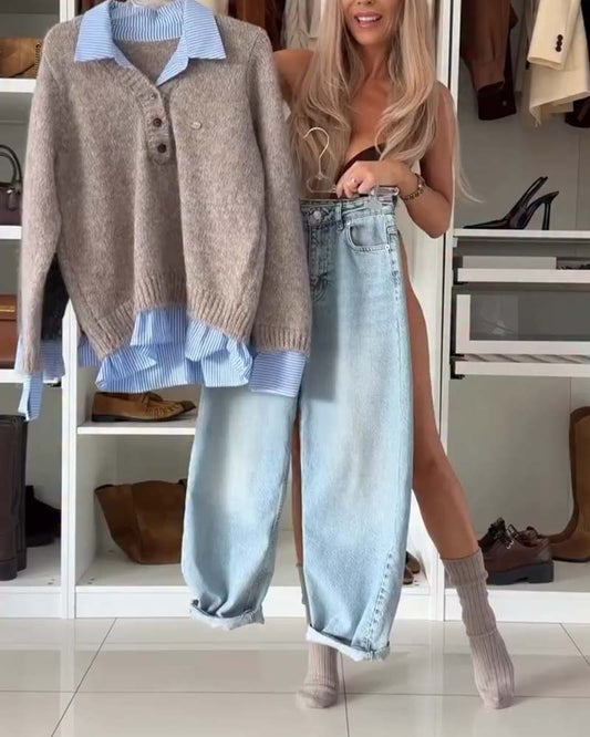 Long-Sleeved Button-Down Collar Jumper