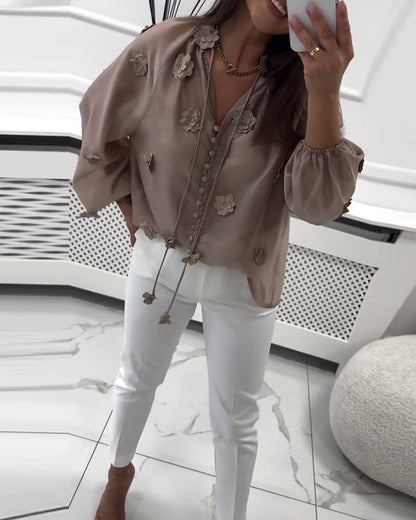 Solid Color 3D Floral Lace-Up Blouse