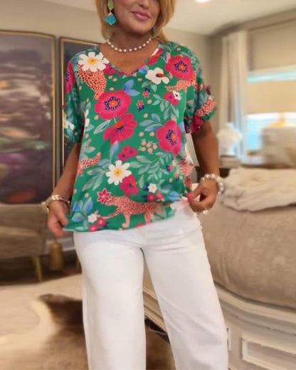 V-Neck Floral Print Short-Sleeved Blouse
