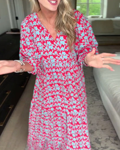 V-neck lantern sleeve floral long dress