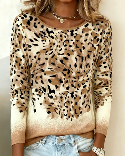 Leopard Print Casual Crew Neck Top