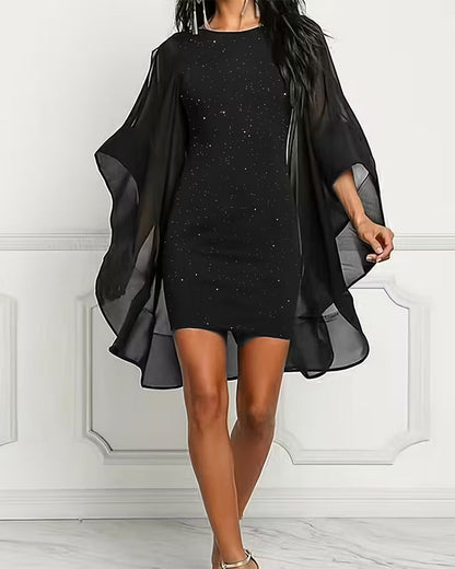 Glittery Round Neck Batwing Sleeves Dress