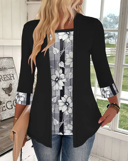 Printed Fake Two-Piece Long-Sleeved Top