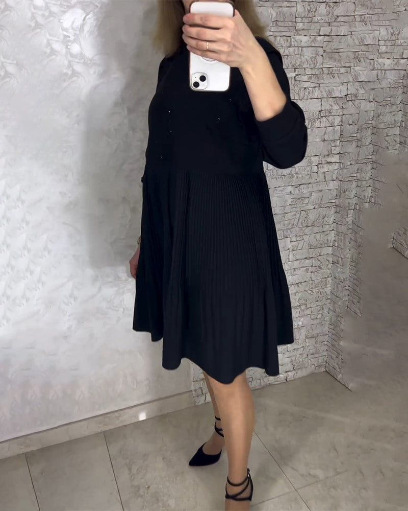 High collar pleated solid color dress