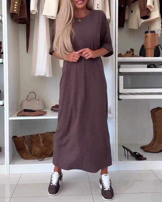 Solid Round Neck Slit Tunic Dress