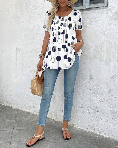 Round Neck Short Sleeve Printed Blouse