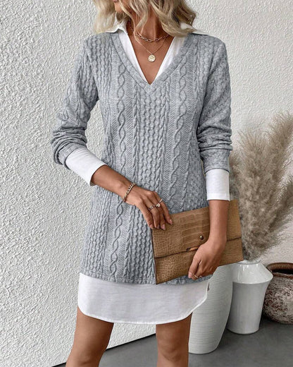 Shirt-Collar Fake Two-Piece Knit Dress