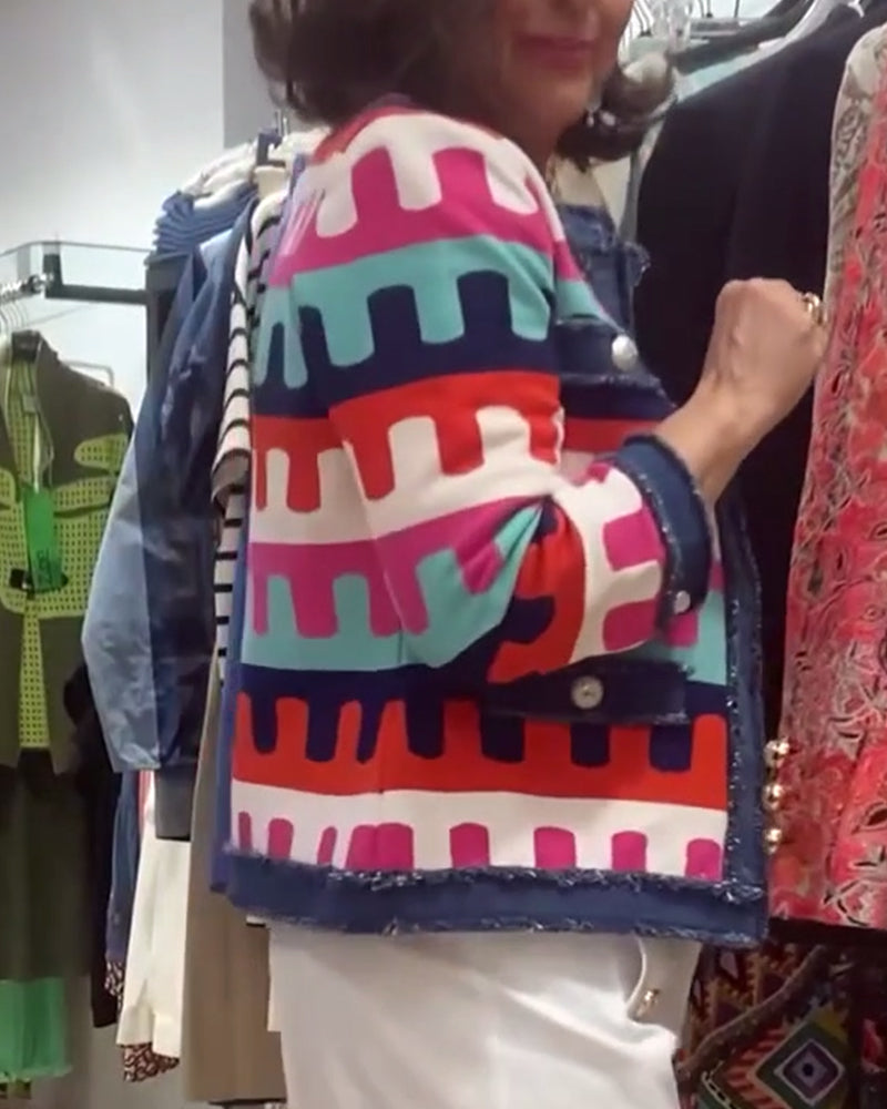 Raw edge button colorful print jacket