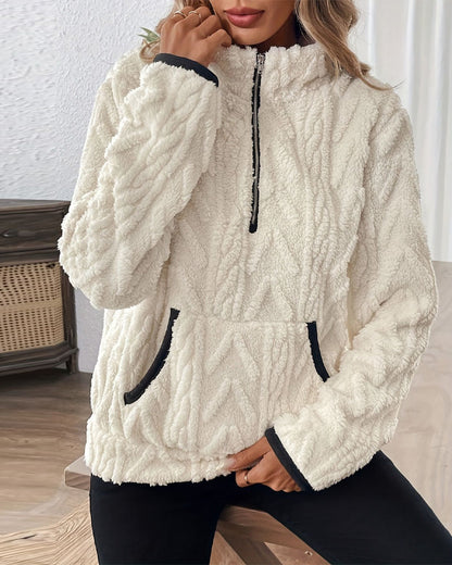 Lapel Zipper Front Fuzzy Sweatshirt