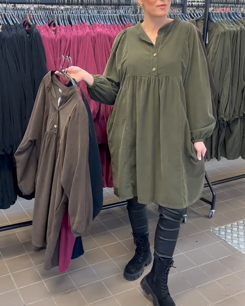 Button V-Neck Long-Sleeved Dress