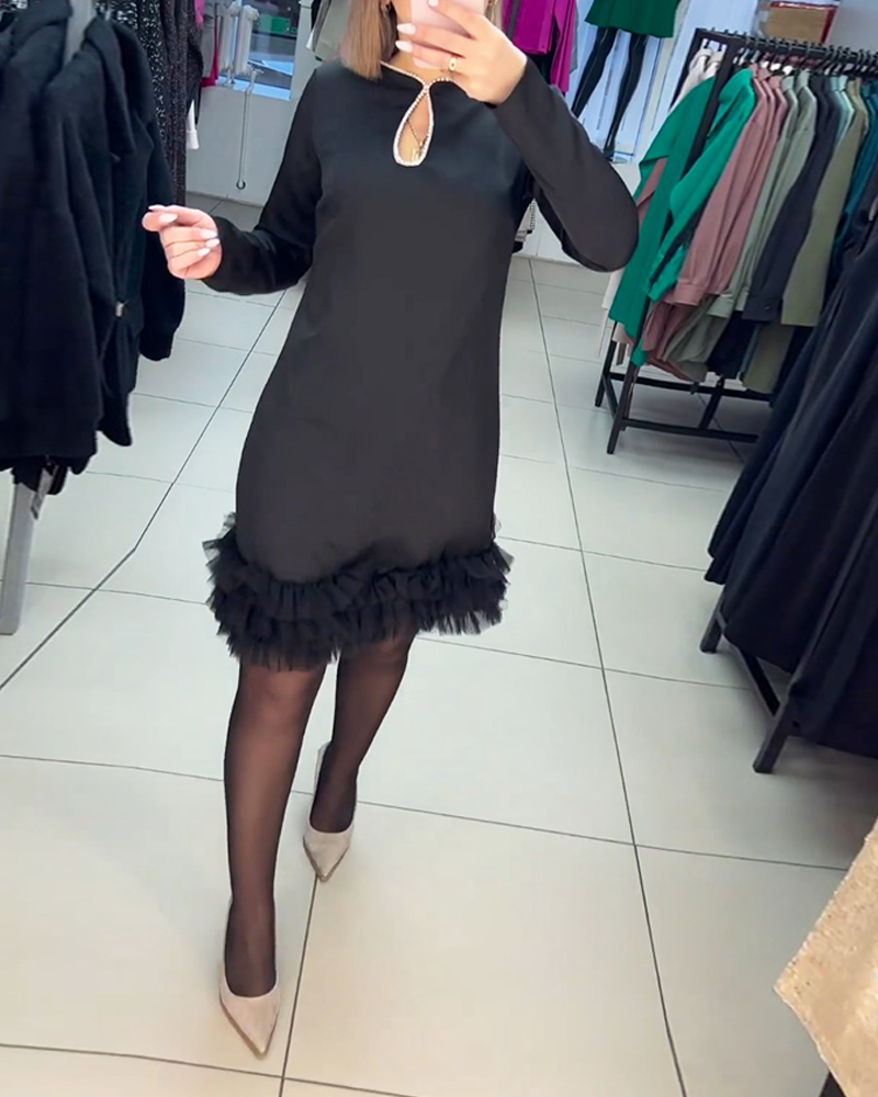 Pearl Neck Dress with Fur Hemline