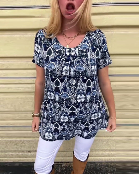 Casual Retro Crew Neck Printed T-Shirt