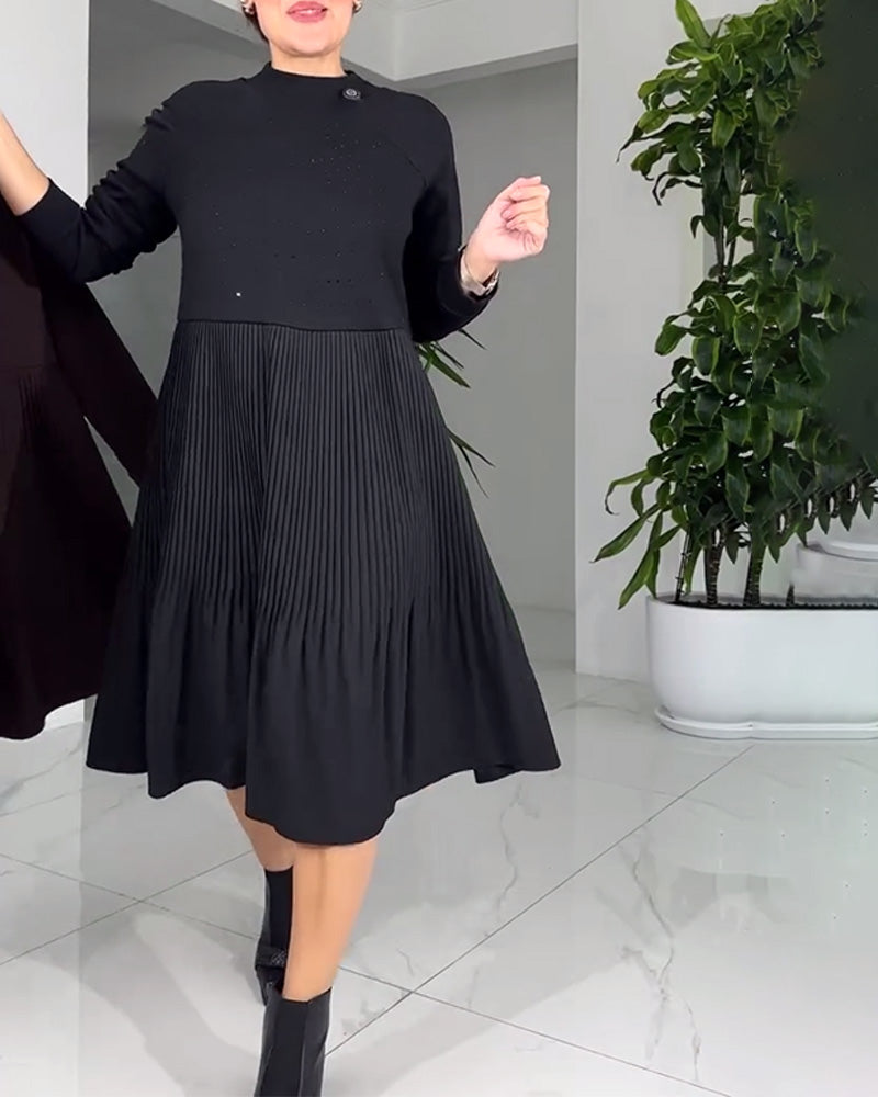 Pleated Paneled Long-Sleeved Dress