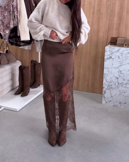 Elegant Satin Lace Patchwork Skirt