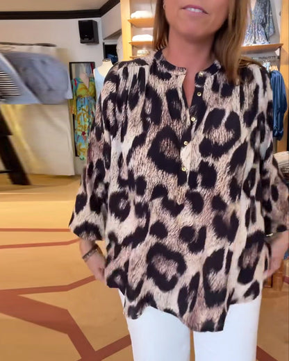 Loose Leopard Print Half Button Blouse