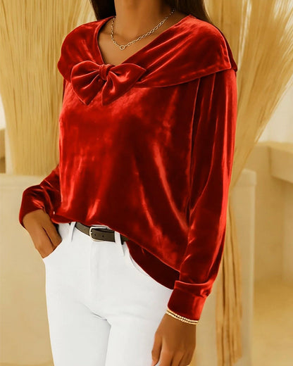 Solid Color Bow V-Neck Top