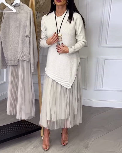 Crew Neck Irregular Pullover And Skirt Two-Piece Set