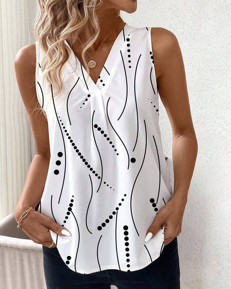V-Neck Sleeveless Pleated Printed Vest