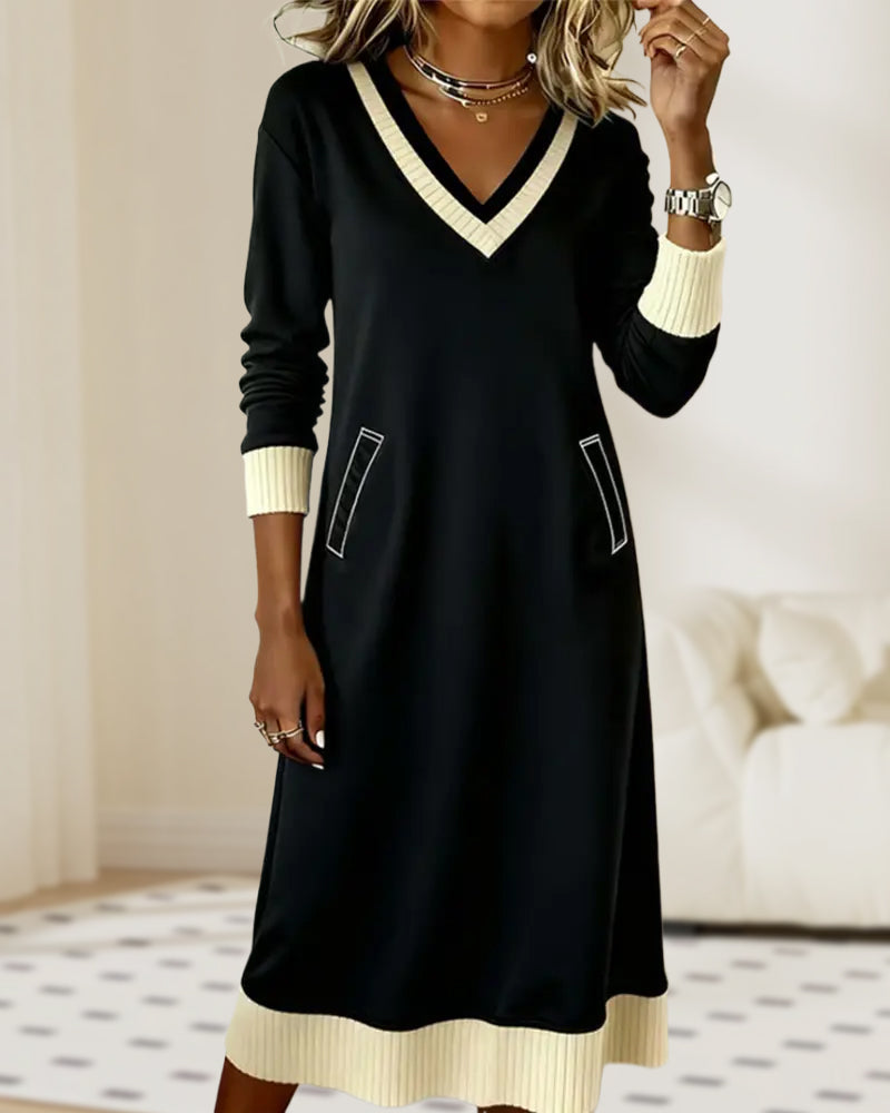 Long-Sleeved V-Neck Contrast Knit Dress