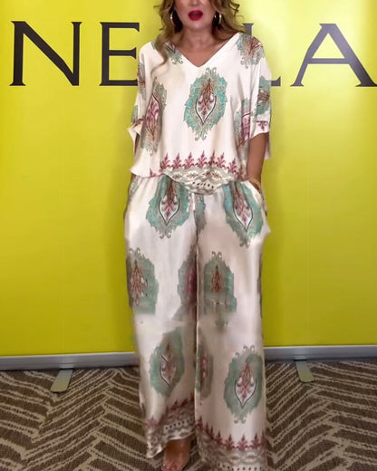 Temperament V-Neck Cashew Flower Wide-Leg Set