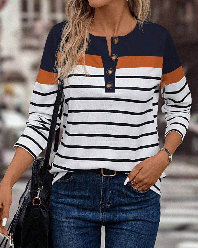 Casual Striped Print Contrast Color Half-Button Top