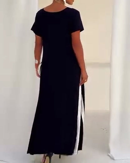 Temperament V-Neck Contrast Color Dress