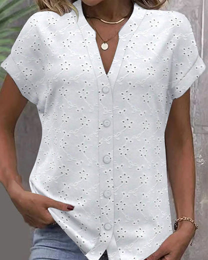 Stand Collar Lace Hollow Button Shirt