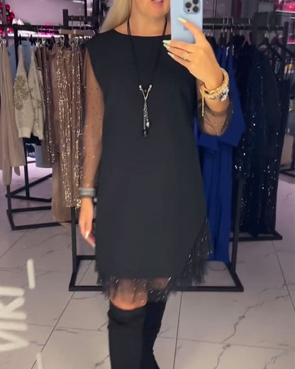 Round Neck Transparent Mesh Stitching Dress