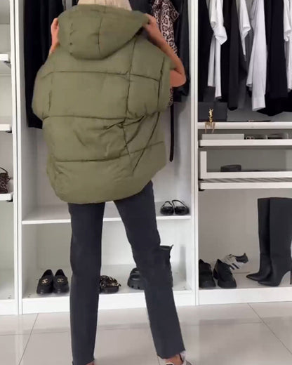 Hooded solid color zipper short sleeve padded jackets