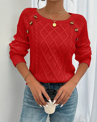 Solid Raglan Sleeve Buckle Cable Knit Sweater