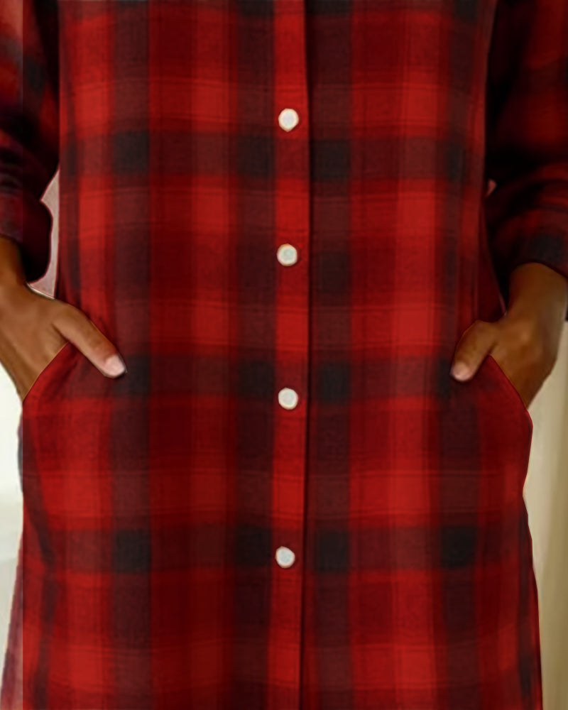 Lapel Plaid Button-Down Shirt Dress