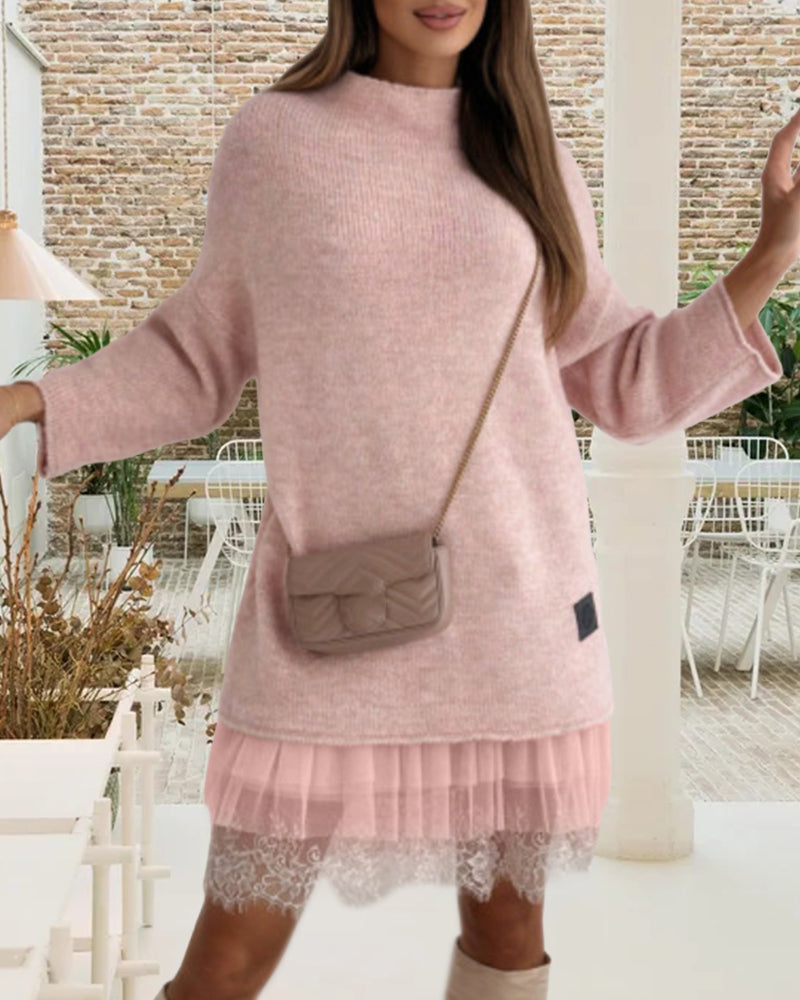 Casual solid color high collar pullover mesh dress set