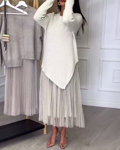 Crew Neck Irregular Pullover And Skirt Two-Piece Set