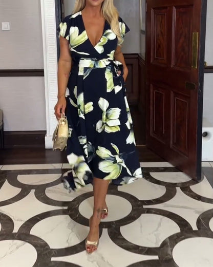 V-Neck Floral Print Waisted Short-Sleeved Dress
