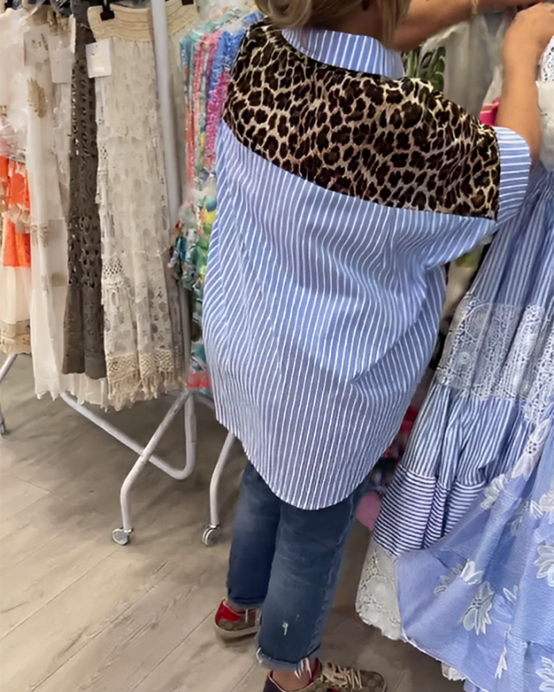 Striped Lapel Leopard Print Shirt