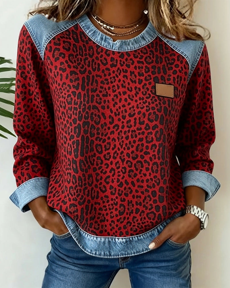 Leopard Print Denim Patchwork Sweatshirt
