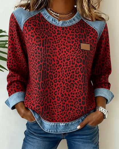 Leopard Print Denim Patchwork Sweatshirt